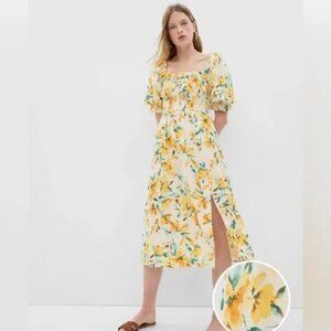 NWT Gap Linen Blend Puff Sleeve Floral Midi Dress Size S Sundress Cottagecore